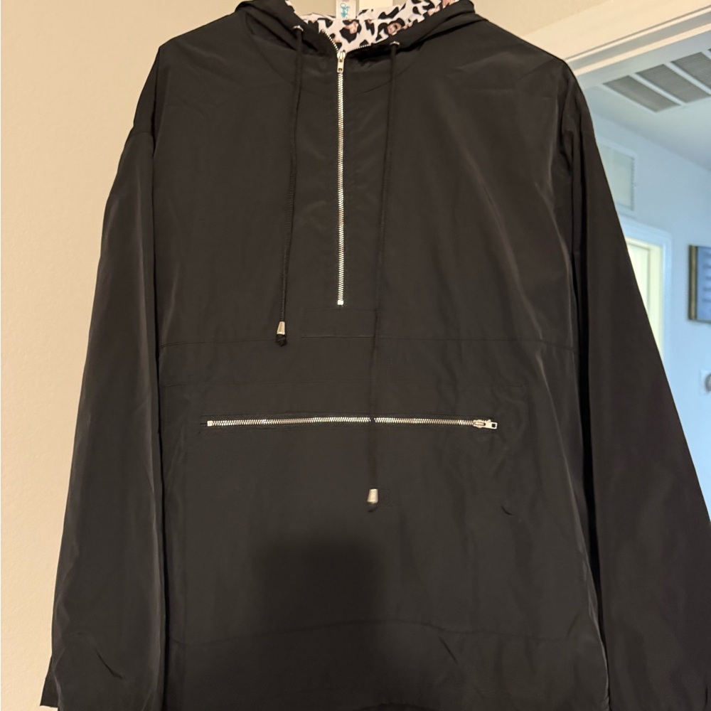 Black Hooded Windbreaker with Leopard Lining